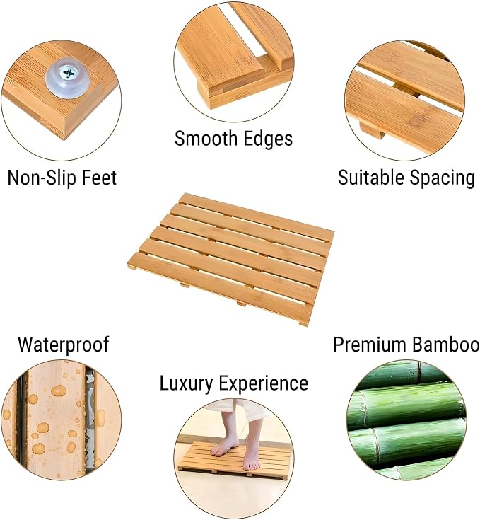 Luxury Bamboo Bath Mat - Waterproof Wood Shower Mat with Non-Slip Feet - Sturdy Bathroom Mat for Inside and Outdoor Use - Bathroom Decor Essentials Multifunctional Design for All Occasions