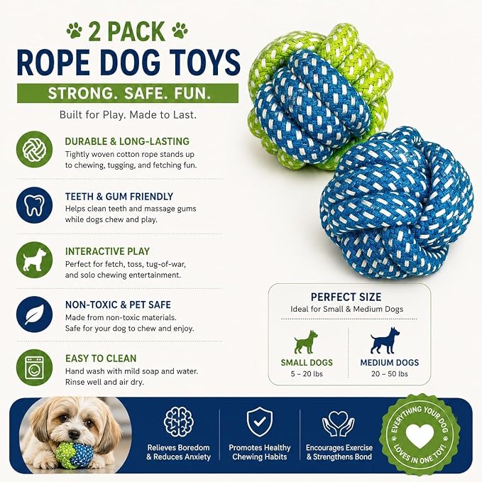 Cotton Rope Dog Ball Toy – Durable Braided Chew & Fetch Ball for Small to Medium Dogs – Natural Teeth Cleaning, Random Colors (Random Blue)