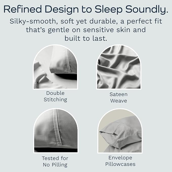 Olive + Crate Tencel Eucalyptus Pillowcases - 100% Tencel Lyocell Cooling Pillow Cases for Hot Sleepers - Hypoallergenic, Moisture-Wicking, Silk Alternative, Vegan - Queen Size Set of 2 [Gray Mist]