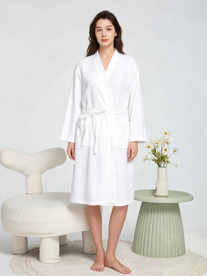 Waffle Robes for Women Knit Cotton Soft Spa Bathrobe | Lightweight Loungewear, Knee Length with Pockets, V Neck, Kimono, Absorbent, Breathable, Removable Belt