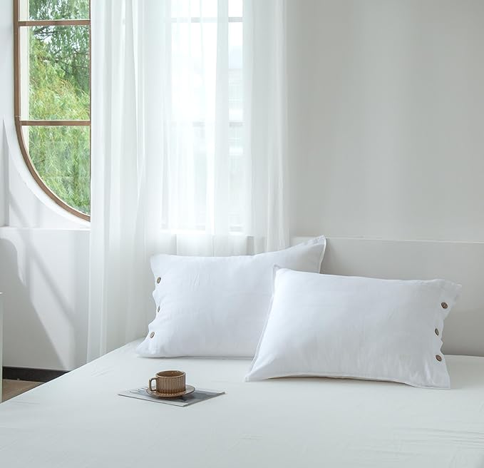 EVERLY 100% Linen Pillowcases Set of 2, French Linen from Normandy, 20X30Inch Standard Size, Natural Color, Coconut Buttons Closure, Flax Pillowshams-Pillowcase-White