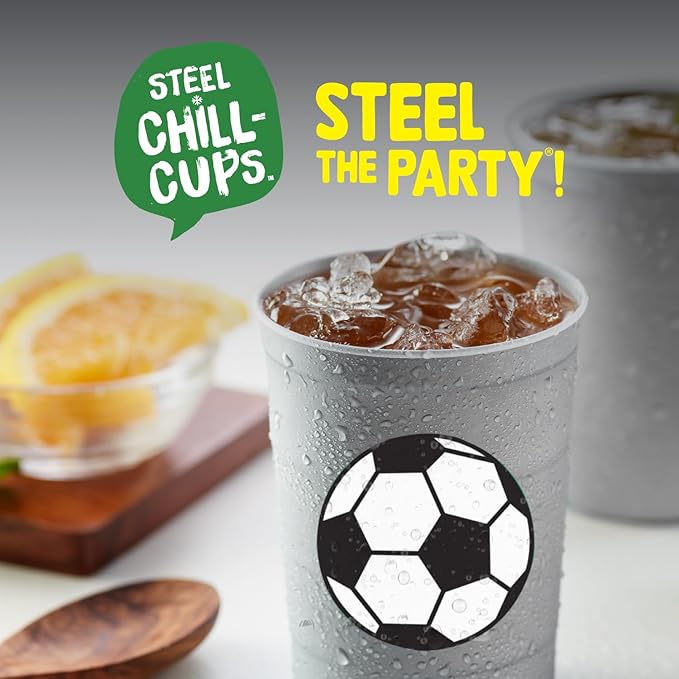 Steel Chill Cups 16 oz. Party Cup Soccer Design for Cold Drinks, Durable, Disposable, Recyclable, Made in USA, Gray, 12 Count