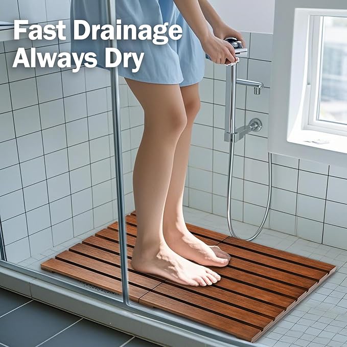 Teak Shower Mat, Foldable Wooden Shower Mat with Non-Slip Rubber Feet, Teak Bath Mat for Bathroom, Bathtub, Spa, Sauna, Pool, Indoor Outdoor Use, Water-Resistant Wood Floor Mat