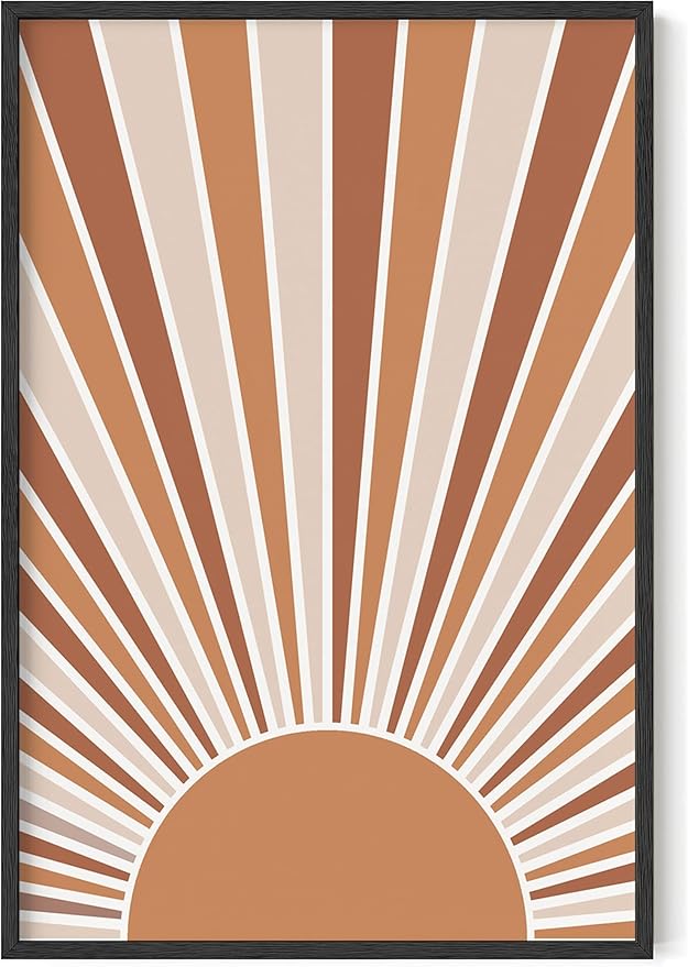 Boho Rising Sun Wall Art Sunburst Rays Earth Tones Terracotta Mid Century Modern 24x36 Inch Oak Wood Black Framed Minimalist Landscape Sunshine Print for Nursery Decor