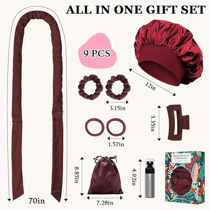 No Heat Overnight Hair Curlers - 70" Soft Ribbon Curl Wrap with 9 Curling Rods, Headband for Long Hair Rollers - Burgundy