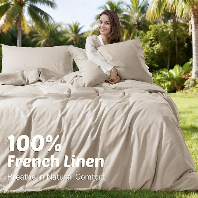 100% Linen Duvet Cover Set King Size, Natural French Flax Linen Comforter Cover, Soft & Breathable for Hot Sleepers with Zipper Closure & 4 Corner Ties - 3 Piece (Linen,King)