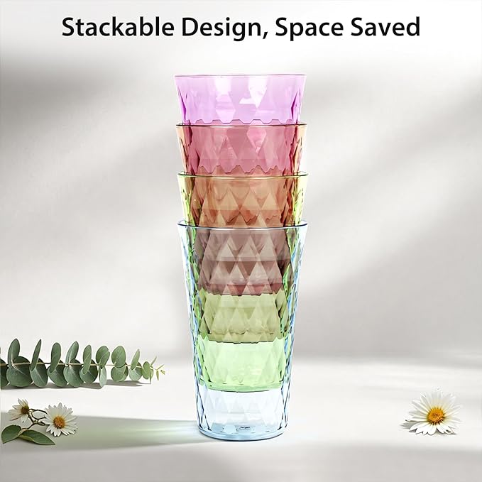 Freshmage 20 oz Unbreakable Drinking Glasses (Set of 8), Jewel Tone Colored Reusable Tumblers, BPA Free Plastic Drinking Cups for Home, Outdoor, Picnic, Pool, Stackable, Microwave Safe