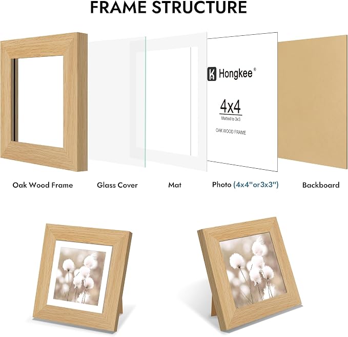 Hongkee 4x4 Oak Wood Picture Frame 1 Pack(Matted 3x3) with Real Glass Cover | Natural, 4 x 4 Solid Wood Frame for Wall or Tabletop Display - Includes Easel Back, Vertical Hang - Ideal for Home, Office