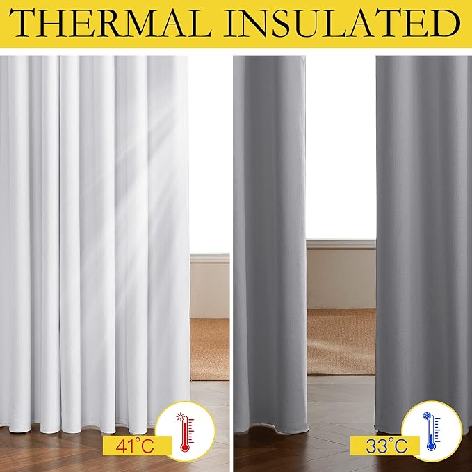 NICETOWN Rod Pocket 100% Blackout Linen Curtains for Living Room with Thermal Insulated Liner, White, 52" Wide, Long Curtains 95" Long 2 Panels Set, Thermal Insulated Privacy Drapes for Bedroom