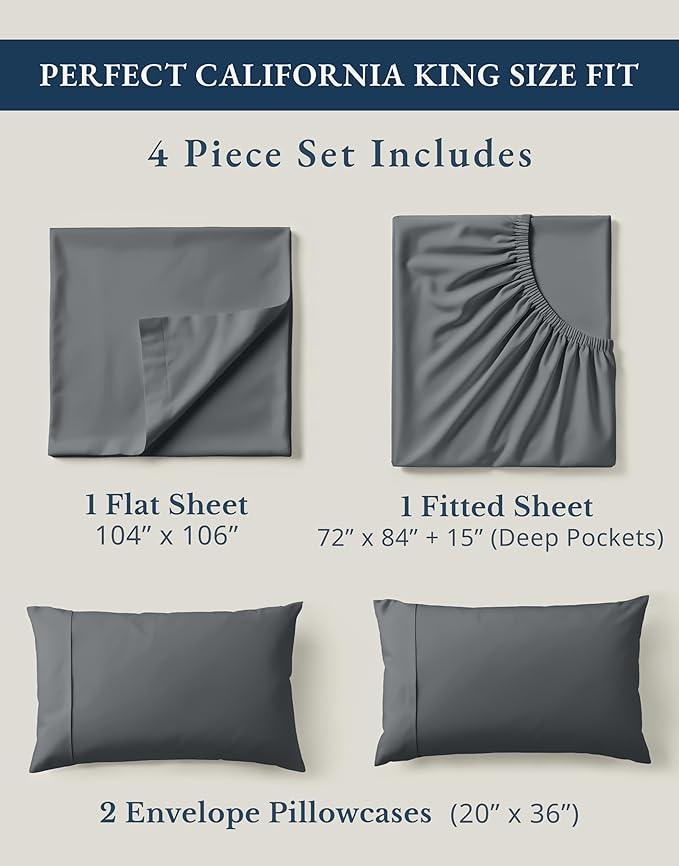 LANE LINEN 100% Organic Cotton California King Sheets Set, Fully Elasticized Reinforsed Seams in Fitted Pocket, Machine Washable All Season Cal King Sheet Deep Pocket Bedding-Charcoal
