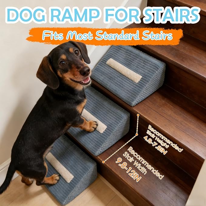 Foam Dog Ramp for Stairs, Low-Impact Climbing Dog Stairs for Senior Dogs | 5.1"H, 6 Pack, 40D High-Density Foam Won't Collapse, Protects Joints, Anti-Slip & Self-Sticky Pads, Washable Cover, Grey