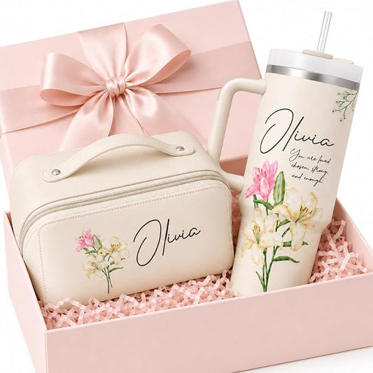 Personalized 40 oz Floral Tumbler with Optional Makeup Bag, Custom Name Insulated Stainless Steel Travel Cup with Straw, Personalized 2-In-1 Gifts for Teacher Appreciation, Women Mom Sister Grandma