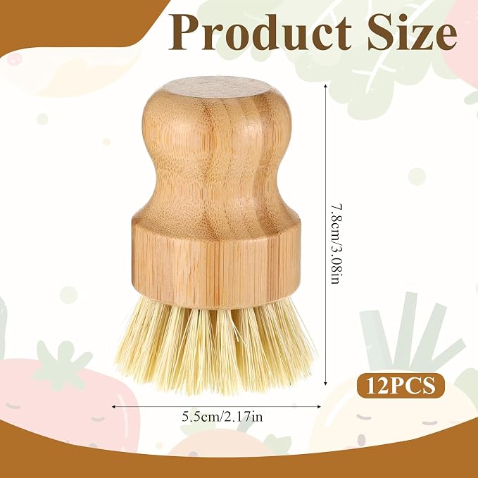 12 Pack Bamboo Dish Scrub Brushes Wooden Scrubbers Set Kitchen Palm Pot Brush Natural Bristle Dish Dishwashing Scrubber for Cleaning Vegetables Pots Pans Sinks Woks