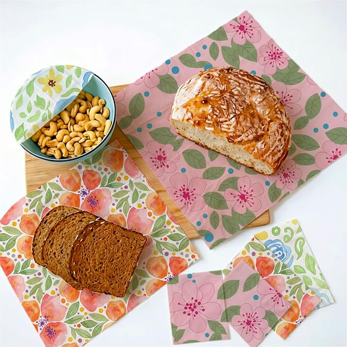 Reusable Beeswax Wraps, 9 Pack, Sandwich Snack Bowl Bread Cover, Organic Sustainable Zero Waste Plastic-Free Food Storage, 1XL 3M 5S, Watercolor Floral Patterns