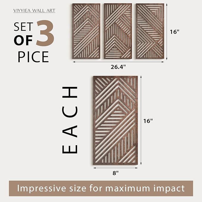 VIYYIEA Boho Solid Wood Carved Wall Art Set of 3, Geometric Minimalist Wooden Home Decor Panels, Handcrafted Solid Wood Wall Hanging for Living Room Bedroom Hallway, 16 x 8 Inch Each (Sunset Brown)