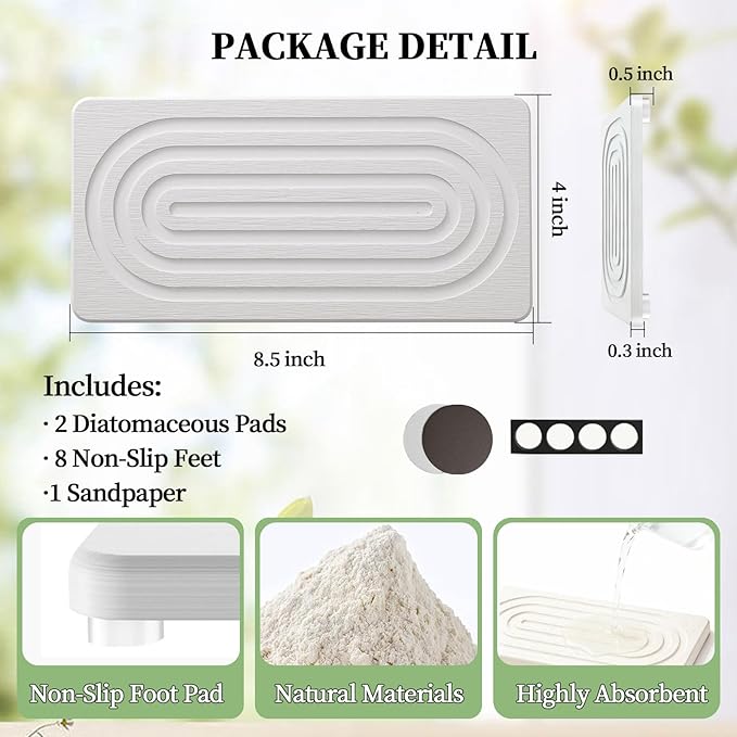 2 PCS Water Absorbing Diatomite Coasters, Stone Drying Mat for Kitchen Counter, Quick Dry Stone Mat Trays for Bathroom Kitchen Counter, Soap Dish Tray Used for Hand Soaps (White, 8.3" x 4")