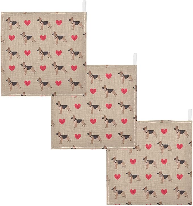 Baby German Shepherd Dog Heart Msulin Washcloths Newborn Face Towel - Baby Muslin Burp Cloths 5 Pack Soft Absorbent Natural Cotton Wash Towel 11.8"X11.8" Baby Bath Towels Wipes