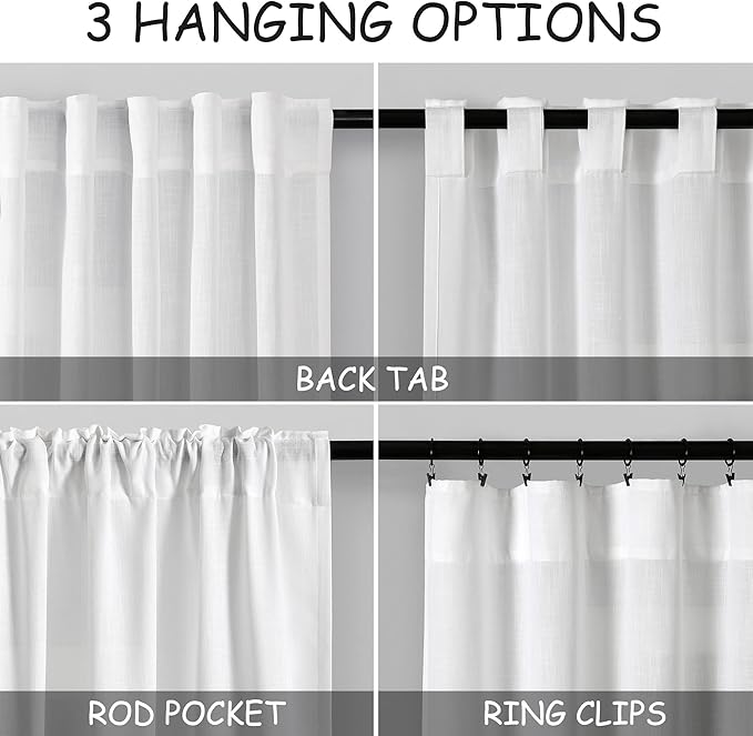 Extra Wide 100 Inch Linen Curtains for Living Room Divider Light Filtering Semi Sheer Back Tab Patio Curtains for Sliding Door White Coastal Decor Sunroom Floor to Ceiling Window Curtain 100x84