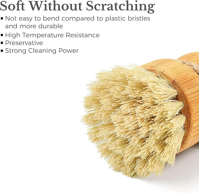 Bamboo Dish Brush, Eco Friendly Sisal Scrubber Brush with Ceramics Holder-Wooden Brush for Pot,Dish and Vegetables (Ceramic Dish+ 2P Sisal)