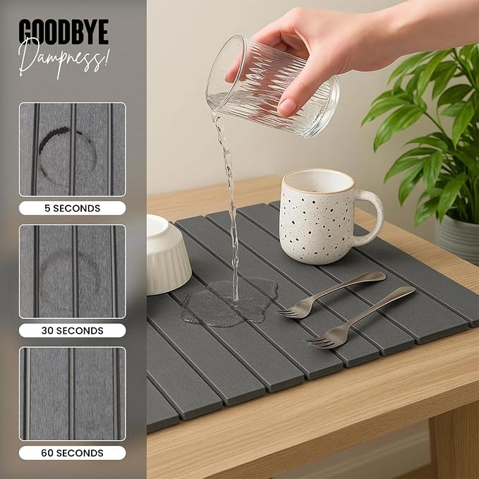 Diatomaceous Earth Dish Drying Mat 24x16 Inch – Fast Absorbing Stone Drying Mat for Kitchen Counter, Non-Slip Dish Mat for Dishes, Cups & Utensils, Large Kitchen Mat, Dark Gray
