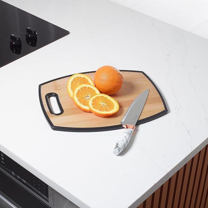 3Pc Bamboo-Designed Cutting Board Set, 8"x12", 9"x14", 12"x15", Plastic with Handle, Dishwasher Safe, Portable, and Stylish