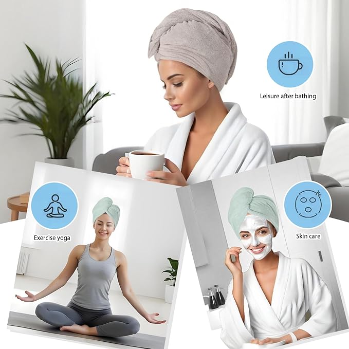 Microfiber Hair Drying Towel Wrap for Women, Hair Turbans Towel for Wet Hair,turbie Twist Hair Towels(The Color of the Picture is for Reference only) (Gray,Light Green)