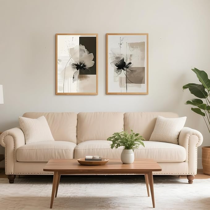 Minimalist Abstract Floral Wall Art Prints Set of 2 Neutral Beige Black Flower Canvas Painting Poster Trendy Botanical Picture for Gallery Modern Japandi Boho Home Decor 16x24inch Wooden Framed