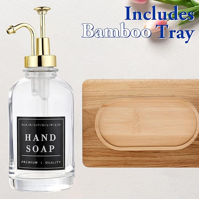 Glass Soap Dispenser with Pump,Tray,Funnel, Countertop Soap and Lotion Dispenser Set of 2 with 60 Stickers, Dish and Hand Soap Dispenser Bottle for Kitchen,Bathroom,Shower,500ml/16.9oz