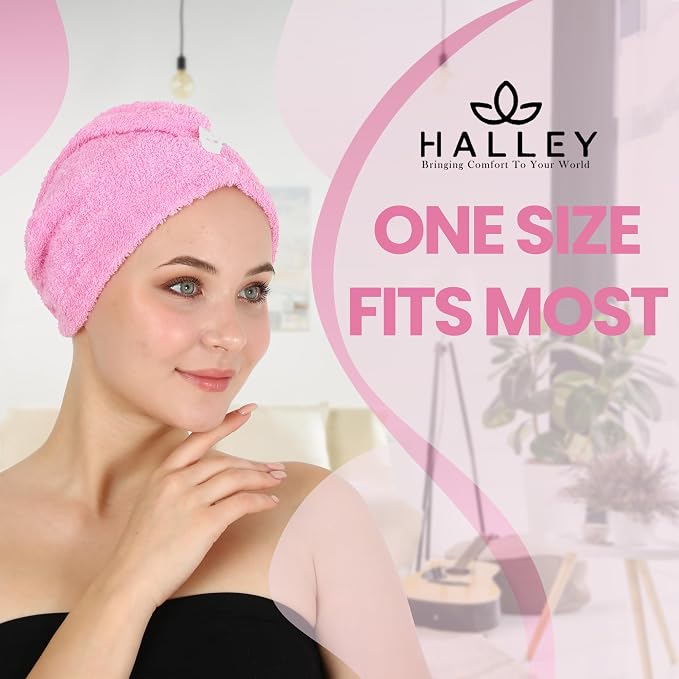 HALLEY Cotton Hair Towel Wrap (3 Packs) Super Absorbent Fast Drying Hair Towel for Thick Hair Turbans for Wet Hair with Button (Pink, Blue, White)