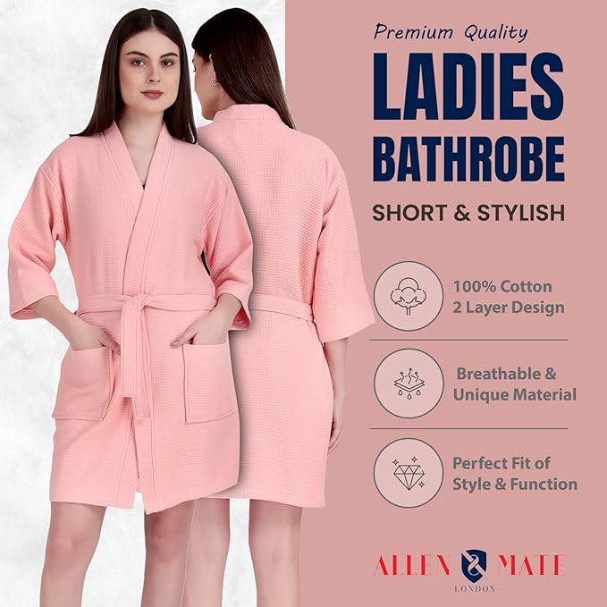 ALLEN & MATE 100% Cotton Women's Short Robe Dual Fabric Waffle Outside & Terry Towel Inside Kimono Bathrobe Medium Weight