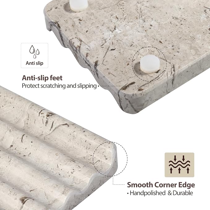Koville Natural Grey Marble Soap Dish for Shower, Stone Soap Tray for Bathroom, Gray Bar Soap Holder for Sink, Stripe Grooves Soap Saver Stone Dish Keep Bars Dry Easy Clean