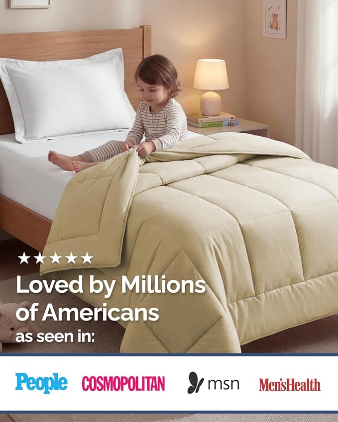 Twin Size, Beige Alternative Down Comforter - Warm, Lightweight & Breathable Hotel Quality Bedding Set for Men, Women, Kids and Teens - All Season Oversized Cooling Microfiber Duvet Insert Comforter