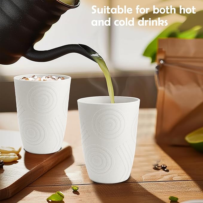 Drinking Glasses - Wheat Straw Cups Set of 6, Unbreakable Plastic Tumbler, Alternative to Plastic Glasses Drinking Reusable, Drinking Cup Dishwasher Safe Plastic Cups 12 OZ - White