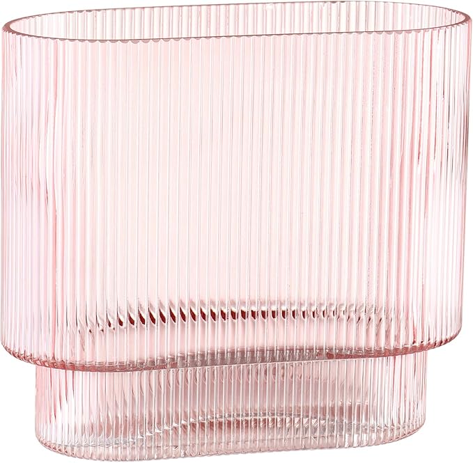 Ribbed Glass Vase, Pink Glass Vase, Fluted Short Vases for Flowers, Modern Vases for Living Room, Dining Room, Bathroom, Desk, Shelf, Wedding, Office, 7 Inches
