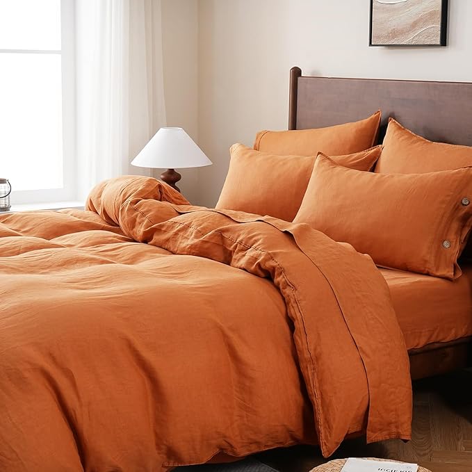 S VICTORY SYMBOL 100% Organic Linen Duvet Cover Set Queen Size 3pcs,Natural French Washed Flax Bedding Set(1 Duvet Cover and 2 Pillowcases) with Coconut Buttons Closure,Pumpkin