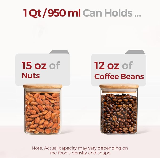 1Qt Airtight Glass Canisters with Bamboo Lid, Square Pantry Storage Containers for Coffee, Cookie, Candy, Snack, Nuts, Dry Goods - Kitchen & Pantry Organizers and Storage Containers 4 pack