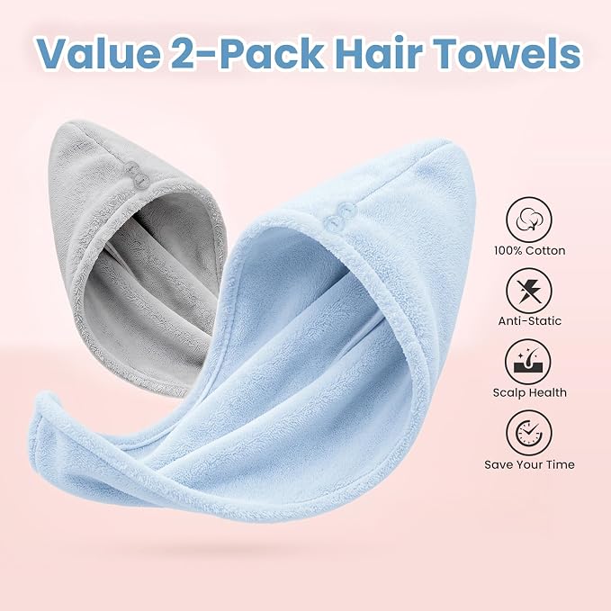 Mandydov 100% Cotton Hair Towel Wrap for Women, 2 Pack Thickened & Super Absorbent Turbans, Anti Frizz Quick Dry Hair Towels (Blue, Gray)