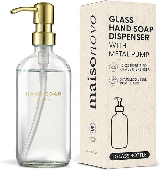 MaisoNovo Soap Dispenser 1-Piece Set | 16.9oz Clear Bottles with Gold Stainless Steel Pump Core
