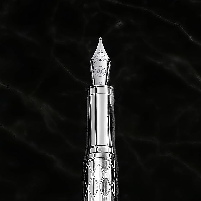 ‘The Mirror’ Silver Luxury Executive Fountain Pen, Woven Chrome Finish, Medium Nib, Smudge Free, No Bleed, Use Any Fountain Ink with Included Converter, Fits Cartridges (sold separately)
