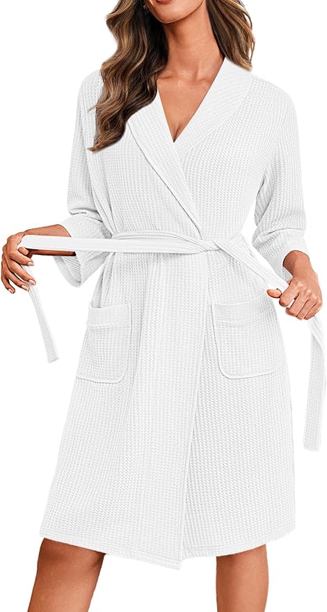 Ekouaer Robes for Women Waffle Knit Bathrobe Lightweight Kimono Robe Knee Length Loungewear with Pockets