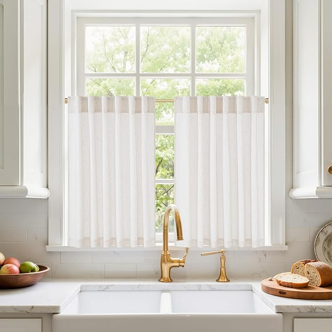 NICETOWN Cream Linen Cafe Curtains 36 inches Long, Rod Pocket & Back Tab Thick Flax Blend Privacy with Light Filtering Short Window Treatments for Kitchen, W55 x L36, 2 Panels