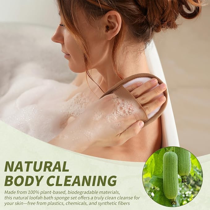 DEBETOOL 4 Piece Natural Loofah Back Scrubber with Face Scrubber Pad for Shower - Exfoliating Loofah for Women and Men Glowing Skin