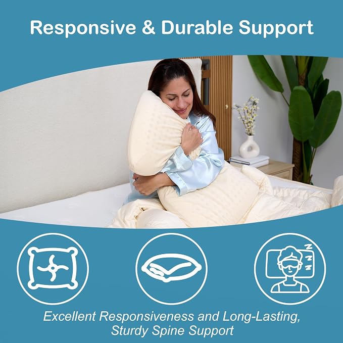 Turmerry Green Natural Bed Pillow - GOLS Certified Organic Rubber Foam Latex Pillows for Sleeping Side, Back, Stomach Sleepers Zippered Organic Cotton Cover - Size Queen - High Loft - Medium