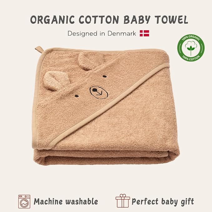 Hooded Baby Towel – 100% Organic Cotton Baby Bath Towels – Baby Boy and Girl Newborn Essentials - Super-Soft and Absorbent. (Bear - Natural)