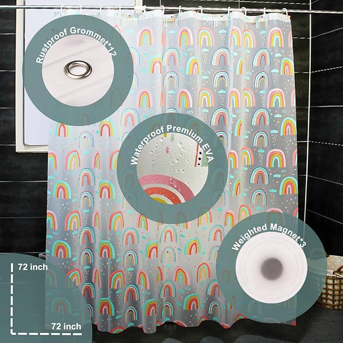 Plastic Shower Curtain Liner, Premium EVA 6G Rainbow Shower Curtain, Shower Curtains for Bathroom with 3 Magnetic Weights and Rustproof Grommets (Rainbow, 72X72 Inch)