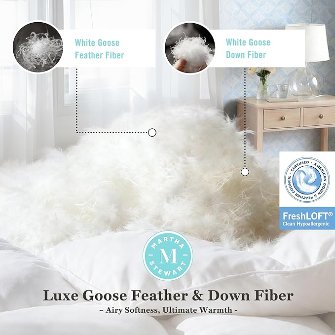 Martha Stewart Luxury White Goose Feathers Down Fiber Comforter Twin Size - Hotel Collection 100% Cotton Cover Duvet Insert, Light Warmth with 8 Corner Tabs, Breathable, Hypoallergenic, 68 x 90 Inch