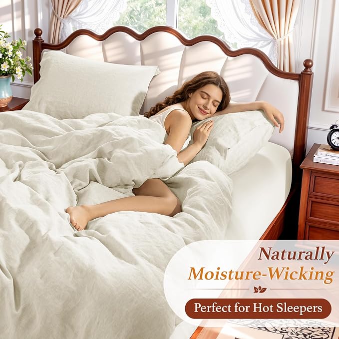 LBRO2M 100% France Linen Duvet Cover Set 3 Pcs Including 1 Flax Comforter Cover with Zipper Closure, 2 Pillowcase, Cozy Duvet Cover California King Size, Beige