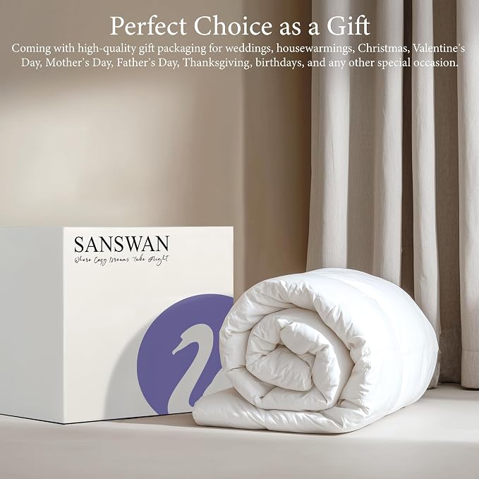 SANSWAN Queen Size Winter Goose Down Feather Comforter, Breathable Heavyweight Hotel Duvet Insert, 100% Organic Cotton Cover, Ultra Soft & Warm, 90x90 Inch, White