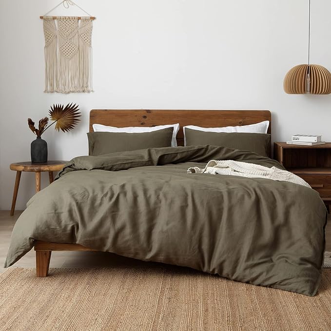 XZ XIFA Olive Green Linen Duvet Cover California King, 100% Washed French Flax Linen Bedding Set with Zipper Closure, Cooling & Textured Bed Sets for Hot Sleepers(1 Duvet Cover, 2 Pillowcases)