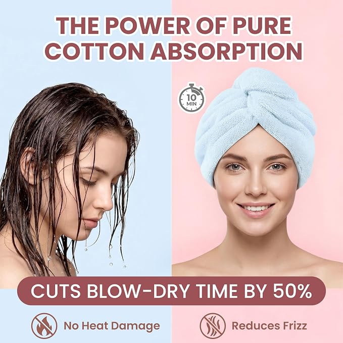 Mandydov 100% Cotton Hair Towel Wrap for Women, 2 Pack Thickened & Super Absorbent Turbans, Anti Frizz Quick Dry Hair Towels (Blue, Pink Blush)